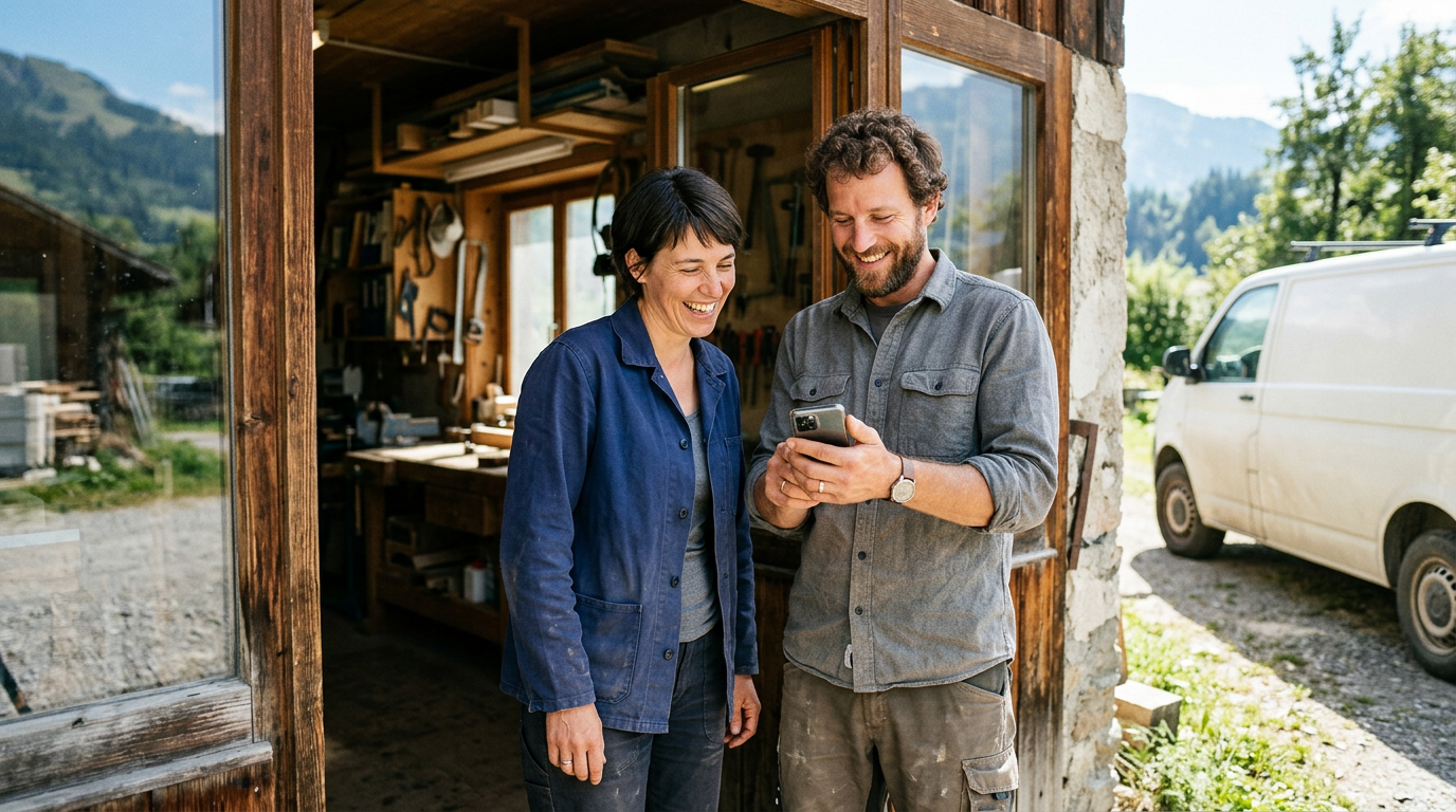 Deux artisans souriants regardent ensemble un message sur un téléphone, devant leur atelier. Image générée.