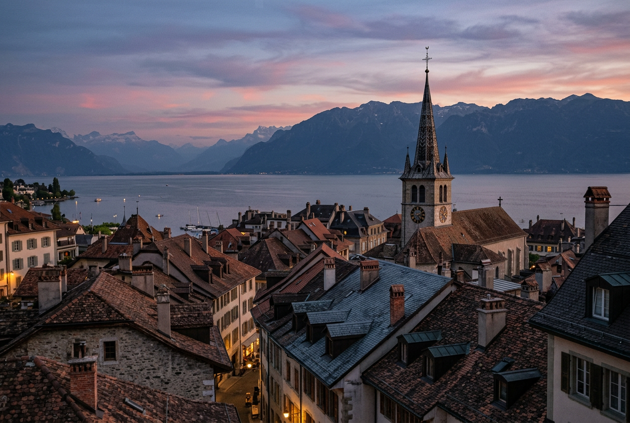 Toits d'une petite ville au bord du Léman au crépuscule. Image générée.